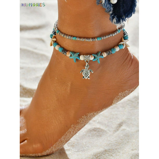 Adjustable Green Hand-Tied Silver Starfish Natural Pearl Anklet Body Jewelry